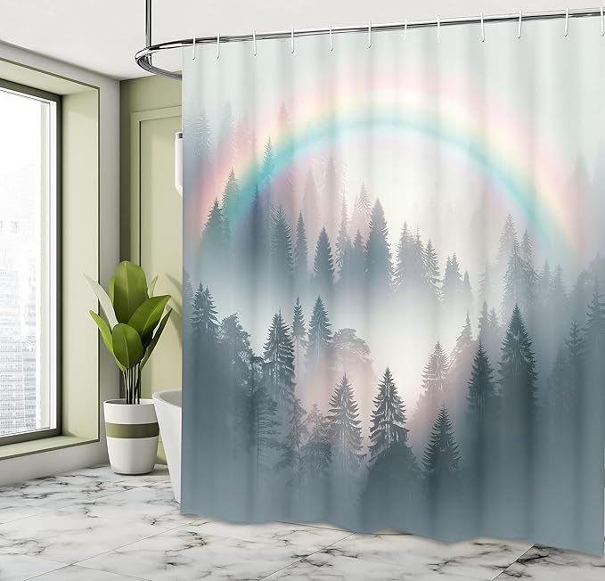 Ambesonne Grey Shower Curtain, Art Delicate Rainbow with Foggy Woods Scenery of Wild Nature Mountains Print, Cloth Fabric Bathroom Decor Set with Hooks, 69" W x 84" L, Multicolor Dark Teal