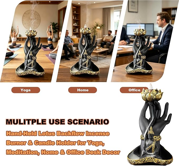 Hand-Held Lotus Backflow Incense Burner & Candle Holder - Zen Waterfall Incense Fountain with Buddha Statue, Resin Incense Burner for Home Decor, Meditation & Yoga Relaxation