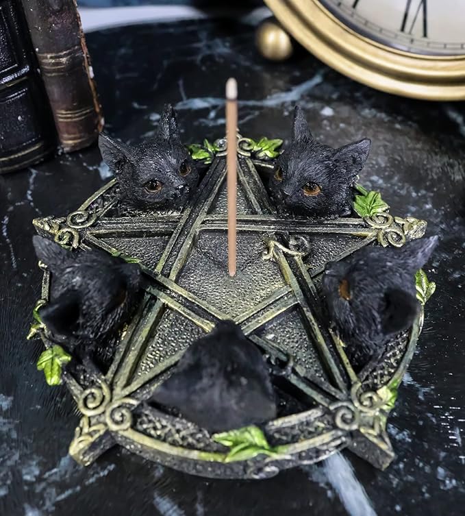 Ebros Gift Gothic Wiccan Pentagram Ivy Vines Penta 5 Black Cats Witching Hour Incense Stick Burner and Holder Figurine with Celtic Knotwork Details As Home Fragrance Accessory Wicca Accent
