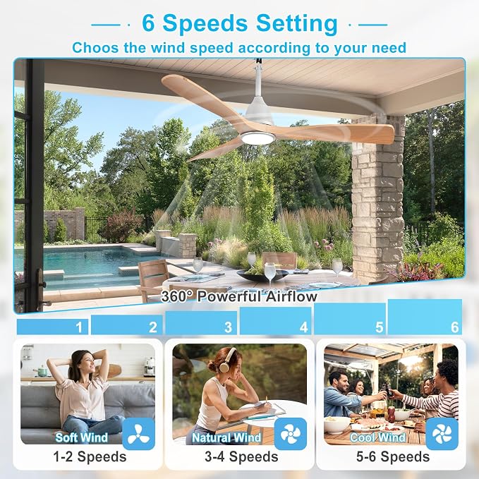 Depuley Outdoor Ceiling Fan with Lights: 52" Silver Gazebo Fans Outdoor Hanging with Remote APP Control - Plug in Waterproof Fans with Light for Patio Porch Reversible Wood Blades 3CCT 6 Speeds Timer