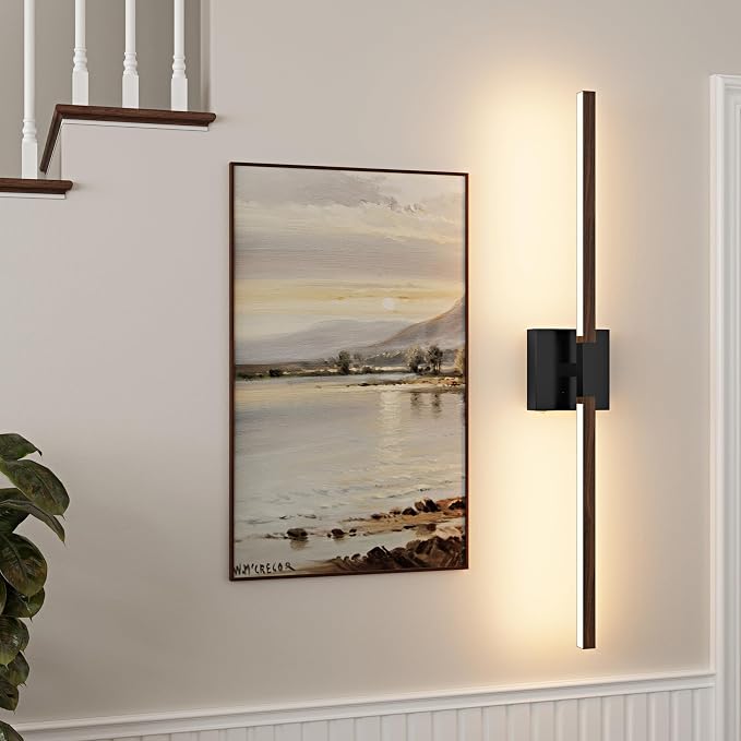 Rayogale Black Walnut Rechargeable Wall Sconce with Remote Control 32 Inch | 3000/4500/6000K Dimmable 8000mAh Wireless Rechargeable Wall Sconces Set of Two with Timer for Living Room, Bedroom, TV