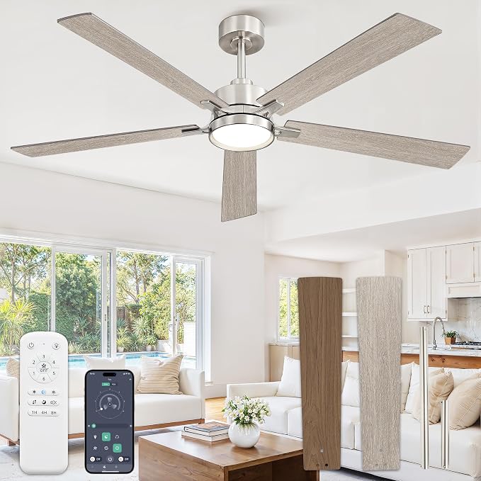 60 Inch Ceiling Fan with Lights and Remote, Smart APP Control, Dimmable with All-Setting Memory, Quiet DC Motor Reversible Blades, Damp Rated Modern Ceiling Fan for Bedroom Patio Living Room