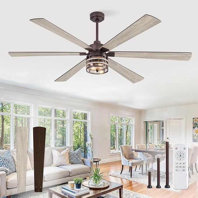 65 Inch Farmhouse Ceiling Fans with Lights and Remote,Industrial Large Ceiling Fan with 6-Speed Reversible DC Motor and 6 Dual Finish Blades,Oil Bronze Ceiling Fan with Light for Living Bedroom Patio