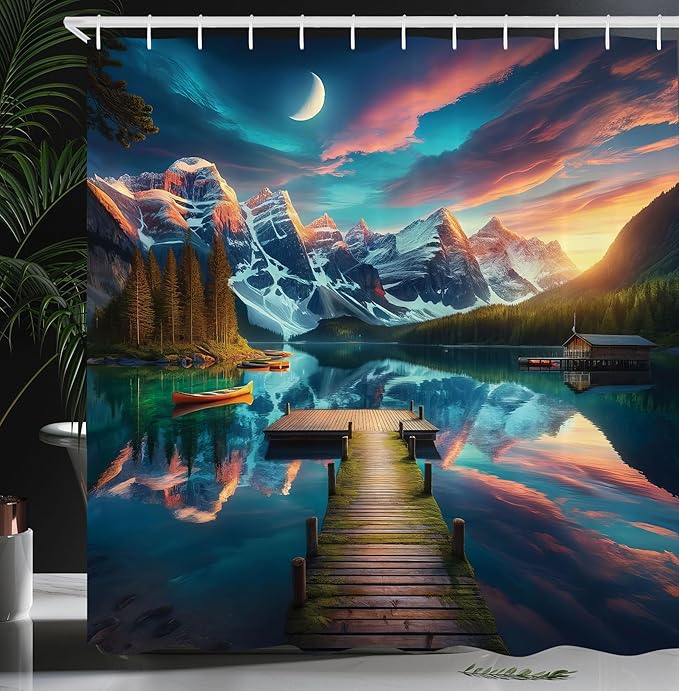 Ambesonne Lake Shower Curtain, Weathered Mossy Wooden Pier Dramatic Cloudy Sky Crescent Moon Night Scenery, Cloth Fabric Bathroom Decor Set with Hooks, 69" W x 70" L, Coral Dark Turquoise