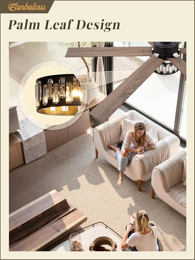 Fanbulous 65 Inch Farmhouse Crystal Ceiling Fan with Lights and Remote, Chandelier Ceiling Fan with Quiet Reversible DC Motor, Wood Blades - Ideal for Bedroom