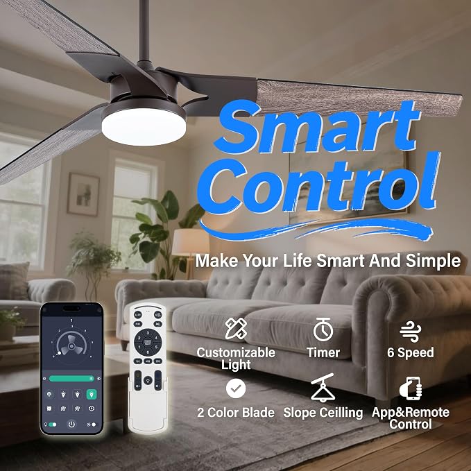 Ceiling Fan with Lights and Remote, 3 Blade App Control Timer Reversible Stepless Brightness and Color Temperature Outdoor Wood Ceiling Fan with Lights (Brown, 60 In'ch)