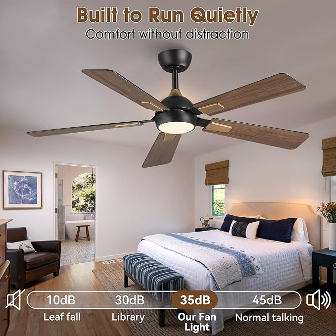 52 Inch Ceiling Fan with Lights and Remote, DC Motor Quiet 6-Speed Reversible Fan, Dimmable LED 3000K/4000K/6000K, Smart APP Control, Modern Black & Gold Ceiling Fan for Bedroom Living Room