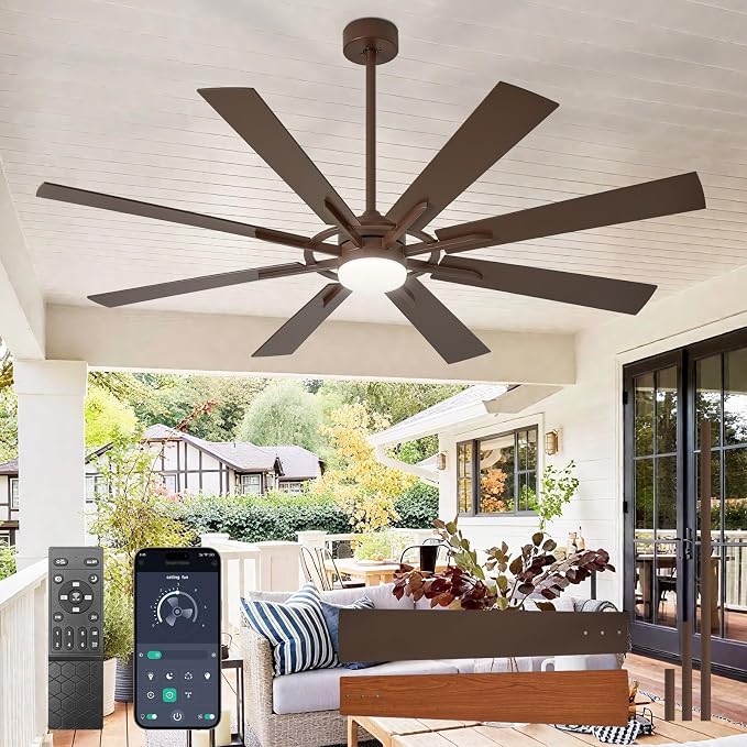 Large Ceiling Fans with Lights: Modern 66 Inch 8 Blade Outdoor Ceiling Fan with Remote APP Control - Dimmable Big Fan light Indoor Reversible 6 Speed Quiet DC Motor