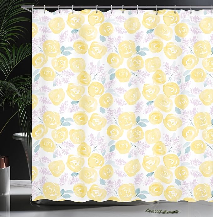 Ambesonne Watercolor Flower Shower Curtain, The Roses and Little Flowers with a Paint Effect of Floral Vintage Style of an Artwork, Cloth Fabric Bathroom Set with Hooks, 69" W x 70" L, Yellow Lilac