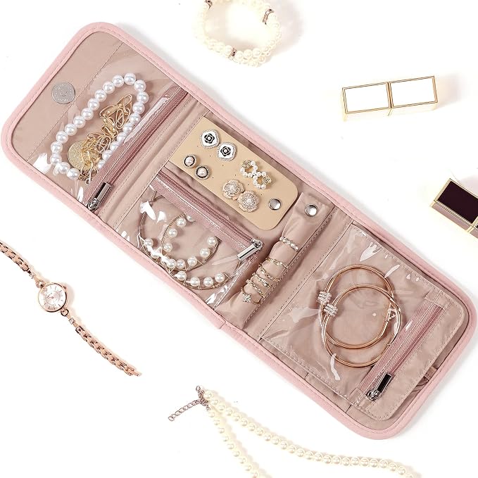 BELALIFE Travel Jewelry Case, Jewelry Organizer Roll for Accessories | Bag with foldable roll design for earrings, necklaces, rings, bracelets and brooches,Pink