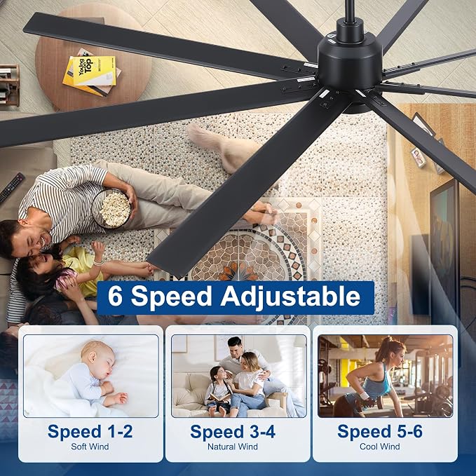 Rayqueen 84 Inch Black Ceiling Fans with Lights and Remote,Includes Downrod | Black Blades,6 Speed Reversible DC motor,3-color temperature dimmable LED.5.9/11.8/23.6 inch downrod