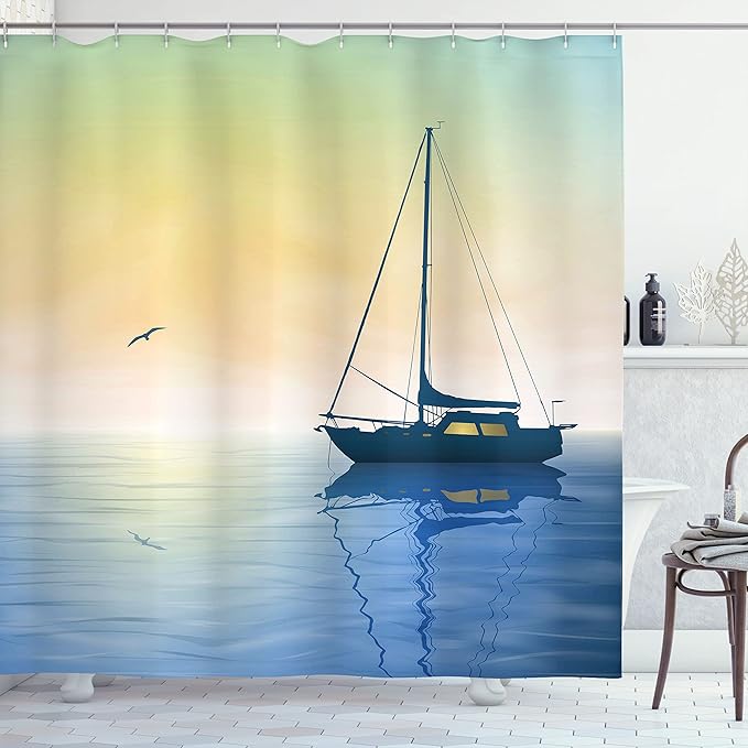 Ambesonne Ocean Shower Curtain, Sailing Boat in SeMisty Sunset Skynd Reflections on Water Picture, Cloth Fabric Bathroom Decor Set with Hooks, 69" W x 70" L, Pale Yellow Violet Blue
