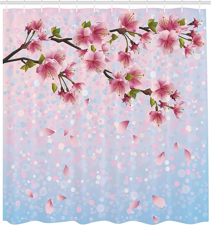 Ambesonne Nature Shower Curtain, Sakura Twig Blossom Leaves on Background of Colorful Flying Petals Flourish, Cloth Fabric Bathroom Decor Set with Hooks, 69" W x 70" L, Pink Blue Green