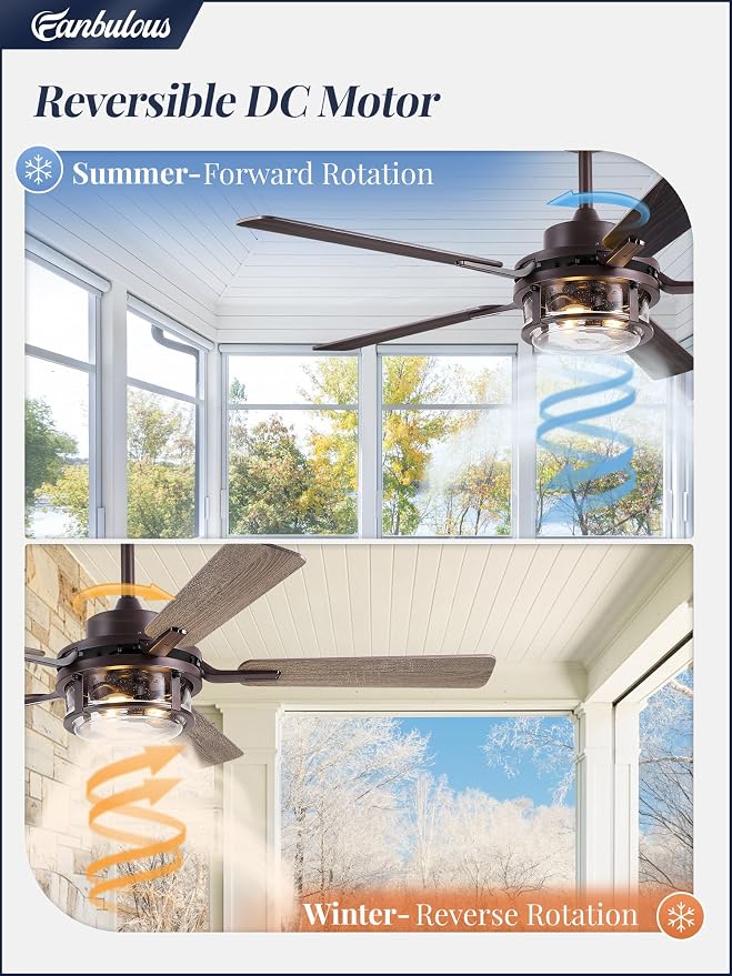 Fanbulous 52 Inch Ceiling Fan with Light and Remote,Downrod Mount Farmhouse Ceiling Fan for Bedroom, Quiet 6-Speed Reversible DC Motor, Rustic Brown & Wood Finish Blades