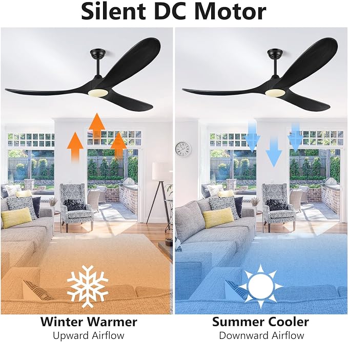 ABZ Ceiling Fans with Lights and Remote Control, 60 Inch Solid Wood Propeller Outdoor Ceiling Fan for Patios, 3 Blades Black Ceiling Fan with Light for Indoor Porch Farmhouse, Matte Black