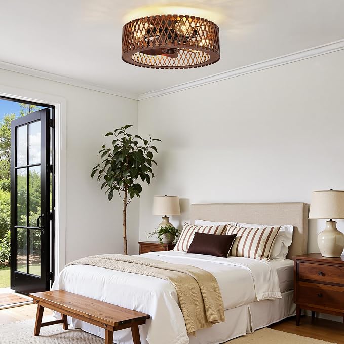 20" Flush Mount Ceiling Fan with Light, Wooden Caged Low Profile Fandelier with Remote, 6-Speed Reversible Bladeless Fan, Farmhouse Ceiling Fan for Bedroom, Kitchen, Living Room