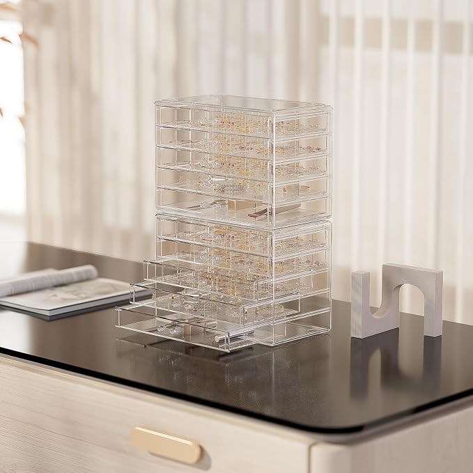 ProCase Acrylic Earrings Holder Organizer Box -Clear, 10 Layers | 158 Jewelry Storage Grid Large Clear Compartments Transparent Stackable Drawers Jewelry Display for Earring Ring Bracelet