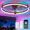 ZMISHIBO RGB Ceiling Fans with Lights and Remote, 23 inch Low Profile Ceiling Fan with Light, 3000K-6000K Dimmable & RGB, Modern Fandelier Flush Mount Ceiling Fan, Small LED Fan for Bedroom,Walnut