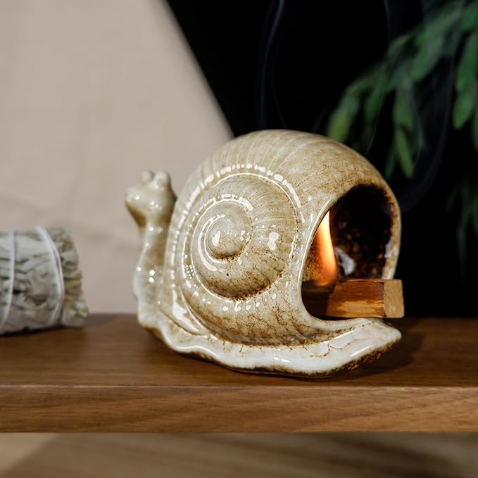 MOUGIGI Handmade Ceramic Snail Palo Santo Holder & Mini Chiminea Incense Dish- Elegant Cone Burner for Palo Santo Sticks & Sage-Perfect for Energy Cleansing, Yoga, Meditation, Zen, Altar, Aromatherapy