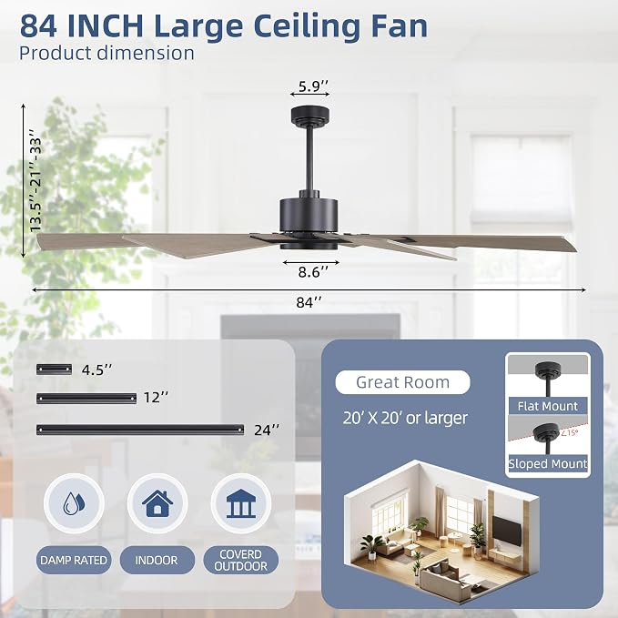 WINGBO 84" Windmill Ceiling Fan with Lights, 3 Downrod, 6-Speed Reversible DC Motor, 3CCT, 10 Blade Indoor Farmhouse DC Ceiling Fans for Kitchen Bedroom Living Room Patio, Matte Black and Grey