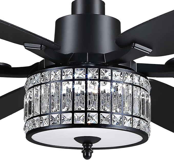 Kviflon 52 Inch Crystal Ceiling Fan with Lights and Remote/APP Control, Black Fandelier Ceiling Fan with Light, Modern Chandelier Ceiling Fan for Bedroom Living Room, Quiet DC Motor, Dimmable LED