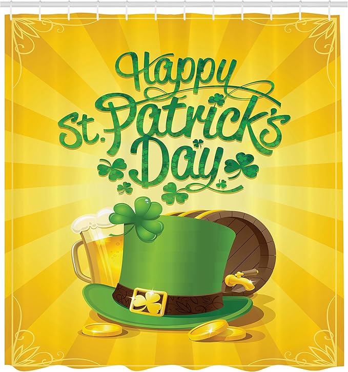 Ambesonne Irish Pub Shower Curtain, St Patrick's Day Celebration with Beer Clover Leprechaun Hat, Cloth Fabric Bathroom Decor Set with Hooks, 69" W x 70" L, Earth Yellow Green