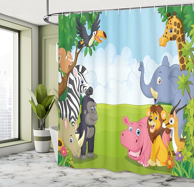 Ambesonne Animal Shower Curtain, Colorful Design Savannah Themed Cartoon Animals Image Art Forest Woodland Print, Cloth Fabric Bathroom Decor Set with Hooks, 69" W x 70" L, Multicolor Sky Blue