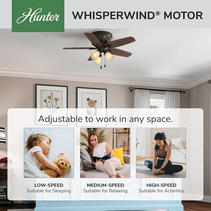 Hunter 42 inch Indoor Ceiling Fan with LED Lights - Bronze Ceiling Fan with Pull Chain, For Bedroom, Living Room, or Kitchen, Low Profile Flush Mount, No Remote, 5 Blades - Builder 51091, New Bronze | Low Profile Flush Mount, Pull Chain, 5 Blades, For ...