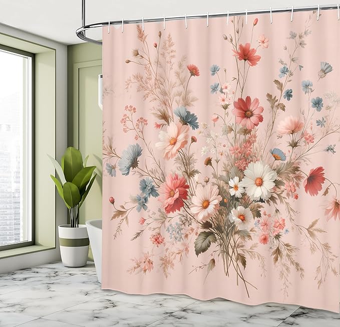 Ambesonne Floral Shower Curtain, Countryside Farmhouse Vibe Romantic Wild Flowers Arrange Plain Back, Cloth Fabric Bathroom Decor Set with Hooks, 69" W x 84" L, Blush Blue Grey Pale Rose