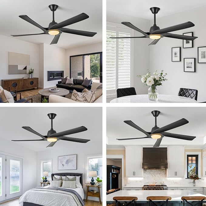 60 Inch Solid Wood Ceiling Fan with Light, Remote and APP Control, 3-color Dimmable, DC Motor, 6-speed Reversible, Farmhouse Ceiling Fans for Bedrooms, Outdoor Patios, Black