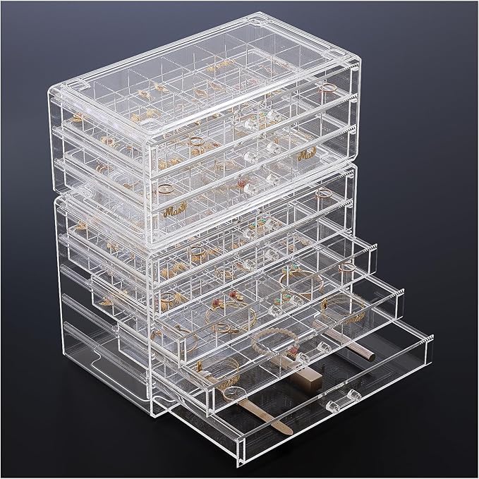ProCase Acrylic Earrings Holder Organizer Box -Clear, 8 Layers | 133 Jewelry Storage Grid Large Clear Compartments Transparent Stackable Drawers Jewelry Display for Earring Ring Bracelet