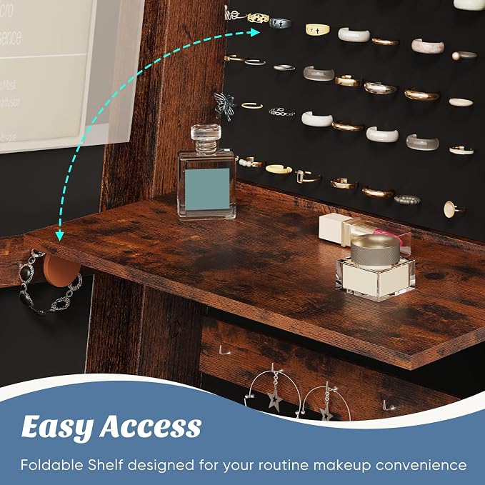 360° Rotating Jewelry Armoire with Full-Length Mirror & LED | Lockable Standing Organizer, Secure Storage For Jewelry, Brown