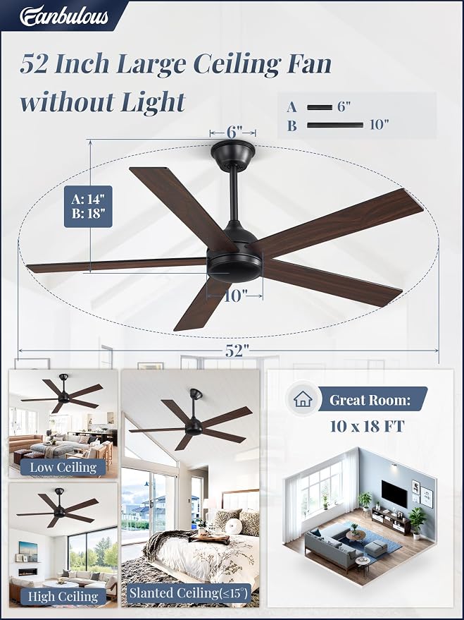 52 Inch Ceiling Fan no Light, Black Ceiling Fan with Remote, 6-Speeds, Quiet Reversible DC Motor, Small Ceiling Fans without Lights for Bedroom, Living Room, Patio, Indoor/Outdoor Use