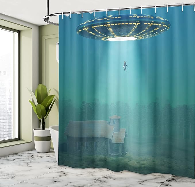 Ambesonne Outer Space Shower Curtain, Surreal Image of Visitor UFO Abduction of Humans in a Field at Foggy Misty Night, Cloth Fabric Bathroom Decor Set with Hooks, 69" W x 75" L, Teal White