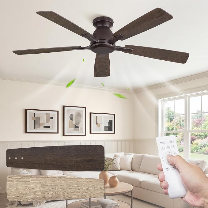 Fanbulous 52 Inch Flush Mount Ceiling Fan No Light with Remote, Oil Bronze | Modern Low Profile Without Light, 6-Speed, Quiet Reversible DC Motor, Indoor/Outdoor Use, for Bedroom, Living Room, Patio