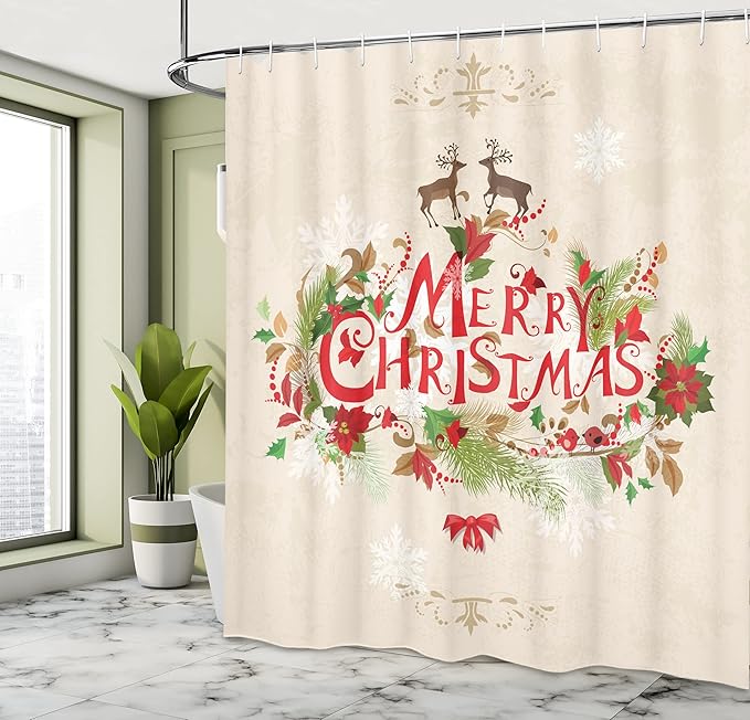 Ambesonne Christmas Shower Curtain, Merry Xmas Wish with Fir Tree Branches Poinsettia Flowers Birds and Deer, Cloth Fabric Bathroom Decor Set with Hooks, 69" W x 70" L, Green Red Tan