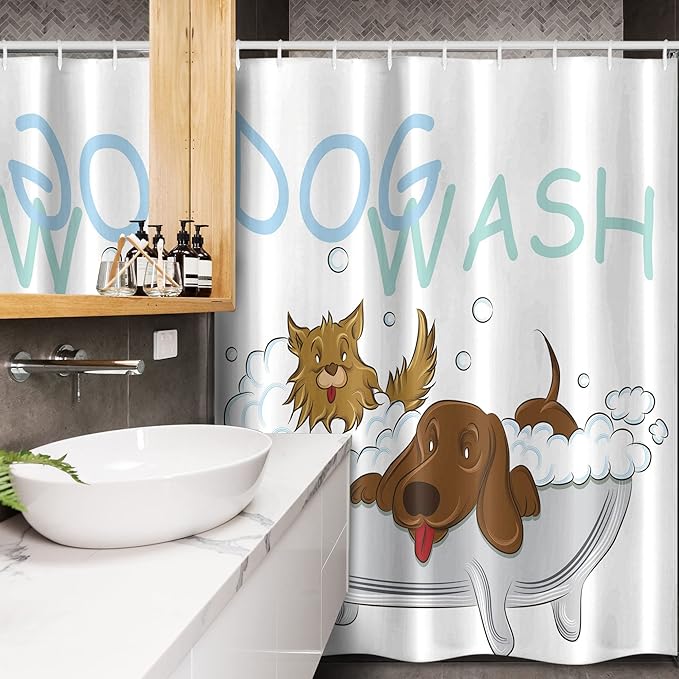 Ambesonne Cartoon Stall Shower Curtain, Playful Dogs in a Bathtub Grooming Each Other Pets Theme Illustration, Fabric Bathroom Decor Set with Hooks, 54" W x 78" L, Brown White