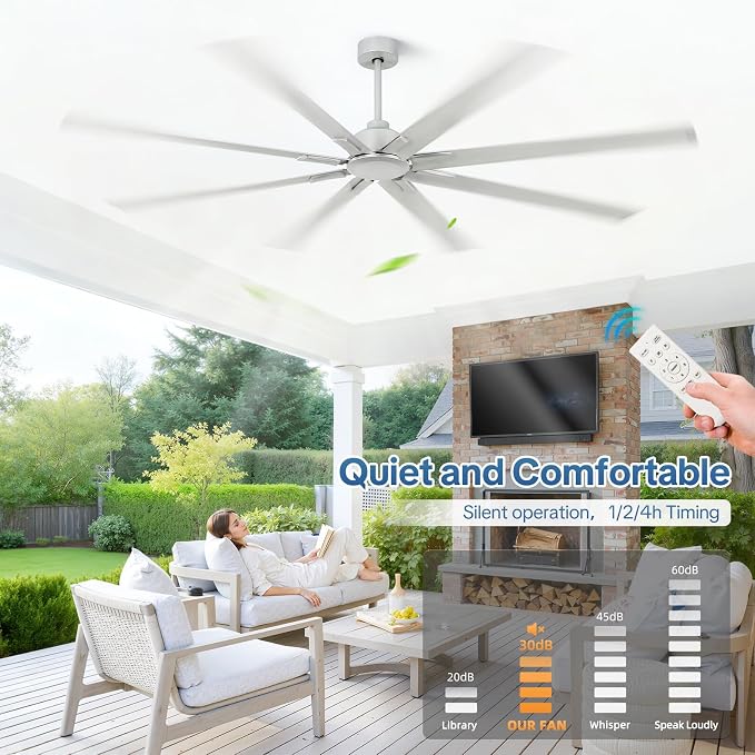 YYEHON 84 Inch Large Ceiling Fans No Lights, Industrial Fan Quiet DC Motor, 8 Aluminum Blades, 3 Downrod, 6-Speed Remote Control, Home or Commercial Fan for Porch, Garage, Shop