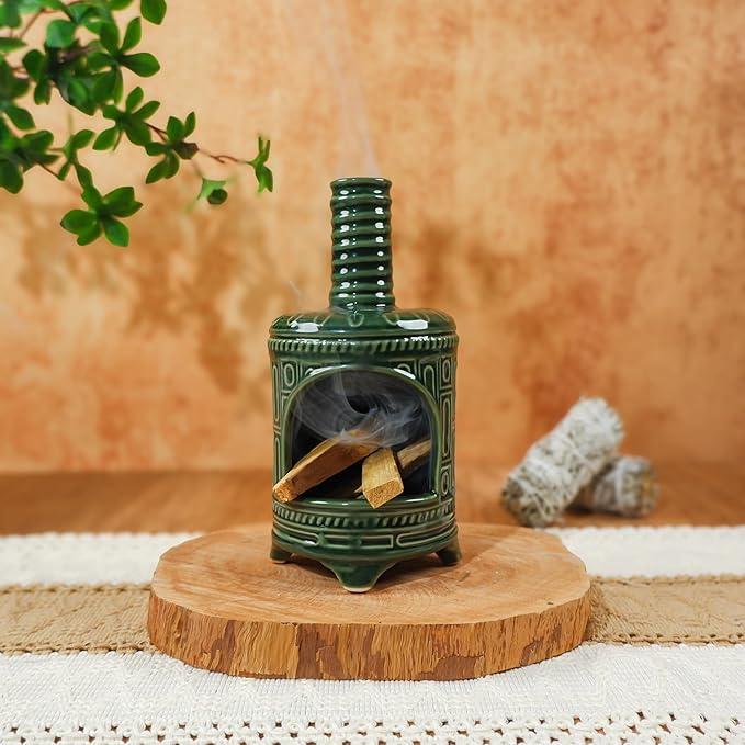MOUGIGI Handmade Ceramic Palo Santo Holder & Mini Chiminea Incense Dish-Perfect for Palo Santo Sticks, Altar，Sage, and Cone Burning-Zen Decor for Energy Cleansing, Yoga, Meditation & Aromatherapy