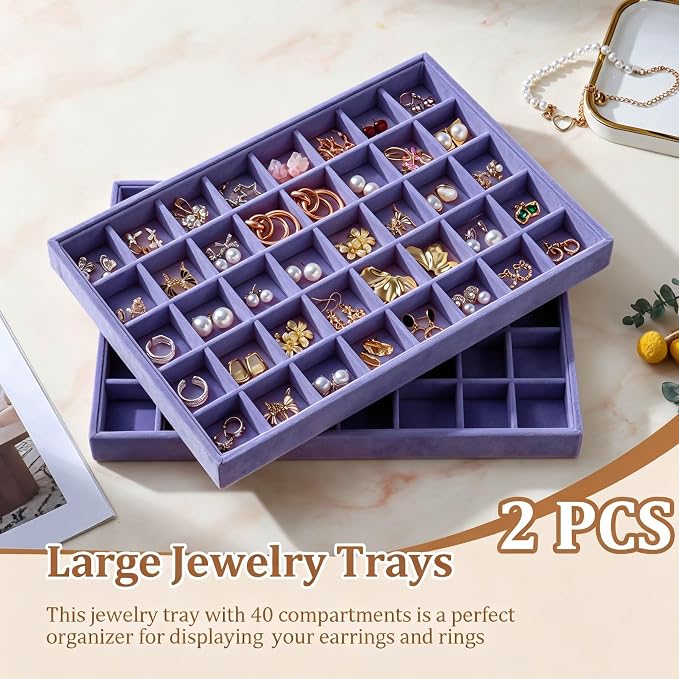 Large Velvet Jewelry Tray 2 Pack Stackable Jewelry Display Drawer Inserts Trays Organizer for Earring Bracelet Necklace Ring (Purple, 40 Grids)