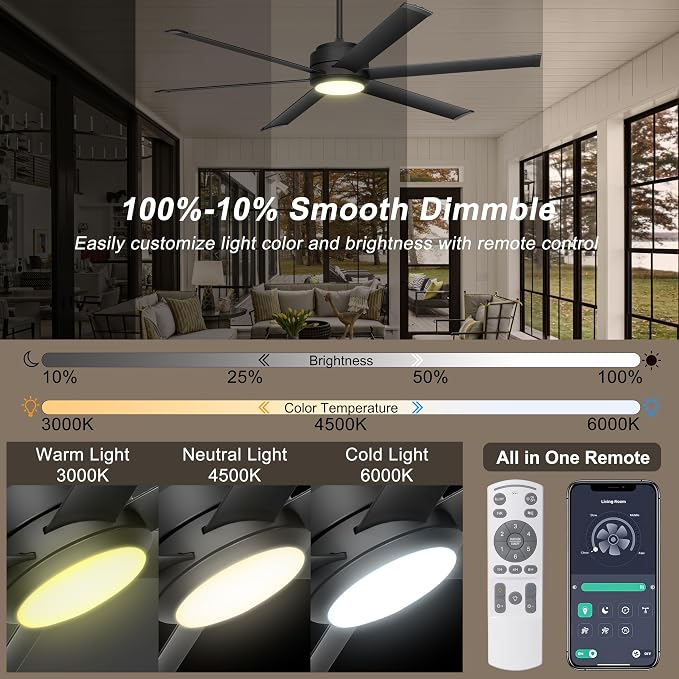Ohniyou 60" Industrial Ceiling Fan with Lights - Remote & APP Control, Dimmable, DC Motor, Outdoor Fan with Aluminum Blades for Patio Living Room, Black