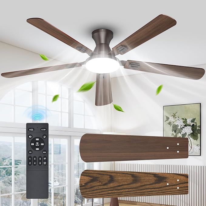 UME 60" Ceiling Fan with Lights & Remote, 6 Blades Low Profile Ceiling Fan, Quiet DC Motor, Natural Wind, 6 Speeds, 3CCT Dimmable 20W LED Modern Ceiling Fan for Bedroom, Living Room, Brown