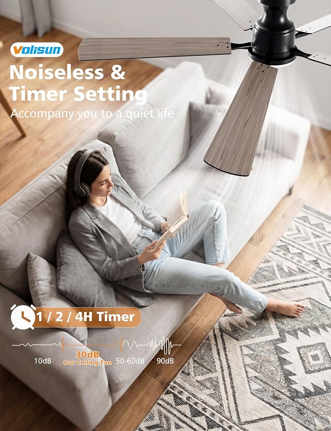 VOLISUN 60 Inch Ceiling Fan with Lights Flush Mount, Low Profile Ceiling Fans with Lights, Remote&APP Control,Dimmable 22W LED Light,Queit&Reversible Fan, Black Ceilings Fans for Bedroom, Living Room