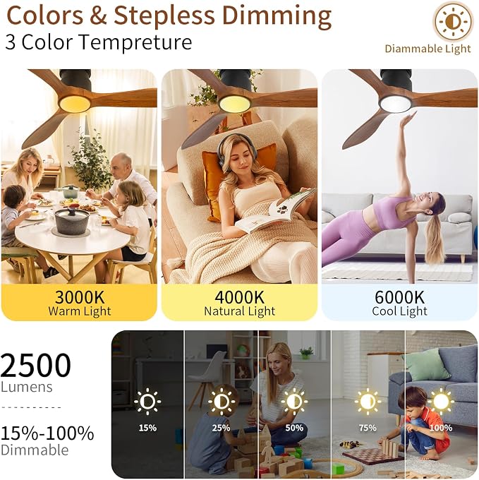 52" Low Profile Ceiling Fan, Flush Mount Ceiling Fan with Lights Remote Control, DC Motor with Wood Blades, 6-Speed & Timer for Bedroom/Living Room/Walnut Wood