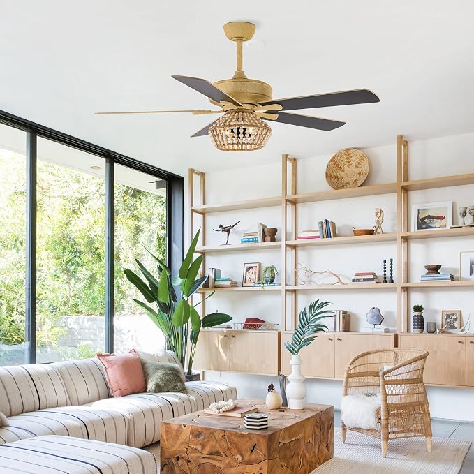 52" Farmhouse Ceiling Fans with Lights - 5 Reversible 2-Tone Blades, 3 Speeds Quiet Operation, Timer Function, Ceiling Fan with Remote for Living Room Bedroom