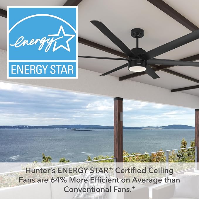Hunter Solaria, Outdoor or Indoor, Ceiling Fan, Quiet, 72 inch, Matte Black | with LED Light, Standard Mount, Wall Control, 6 Blades, For Patio, Porch, Garage, 59628