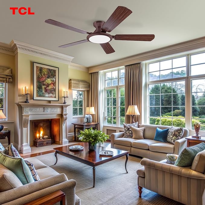 TCL 52" Ceiling Fan with Light: Wood Grain Blades Copper Bronze Finish Low Profile Ceiling Fan with Light and Remote Control Flush Mount DC Reversible Motor Noiseless 6 Speeds for Bedroom(Brown)