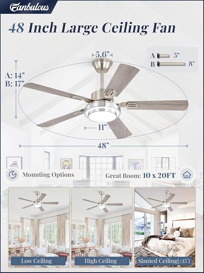 Fanbulous 48 Inch Ceiling Fans with Lights and Remote, Brushed Nickel Ceiling Fan with 8 Dual-Color Blades, Indoor/Outdoor Large Ceiling Fans, Reversible DC Motor, 6-Speed, 3CCT for Living Porch Patio