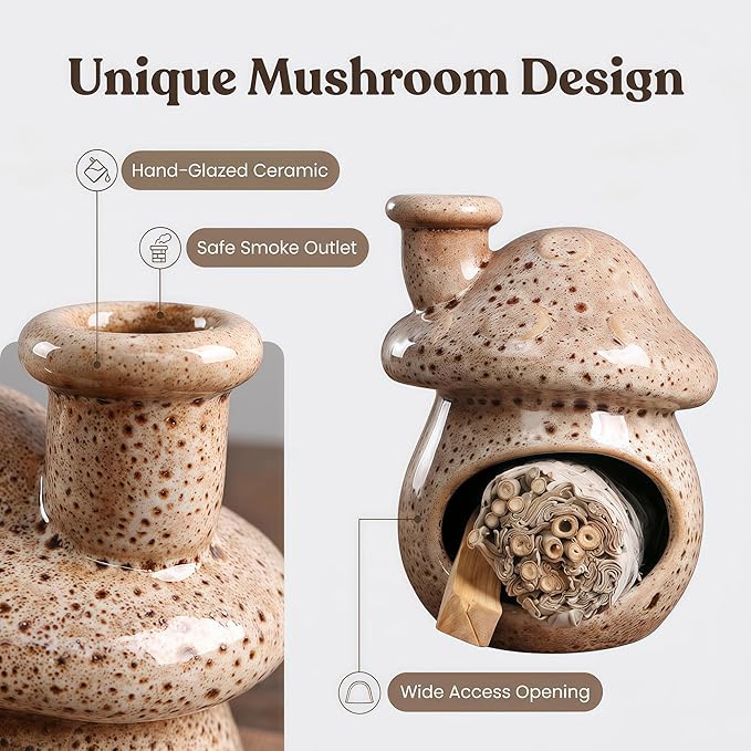 Mushroom Incense Holder, Ceramic Palo Santo Holder – Suitable for Burning Sage & Palo Santo - Mini Chimenea-Style Burner, an Incense Burner for Spiritual Meditation, Yoga or Home Decoration