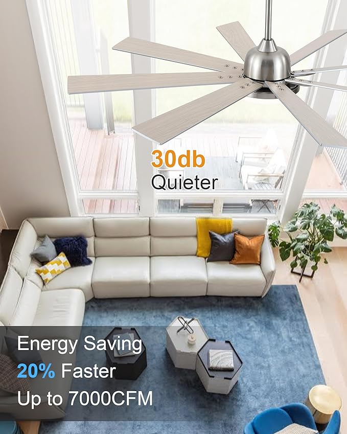 POCHFAN 62 Inch Ceiling Fans with Lights,Large Modern Ceiling fan with Remote and 8 Wooden Blades,Dimmable,6 Speeds,Noiseless Reversible Indoor&Outdoor Fan for Bedroom,Patio,Living Room